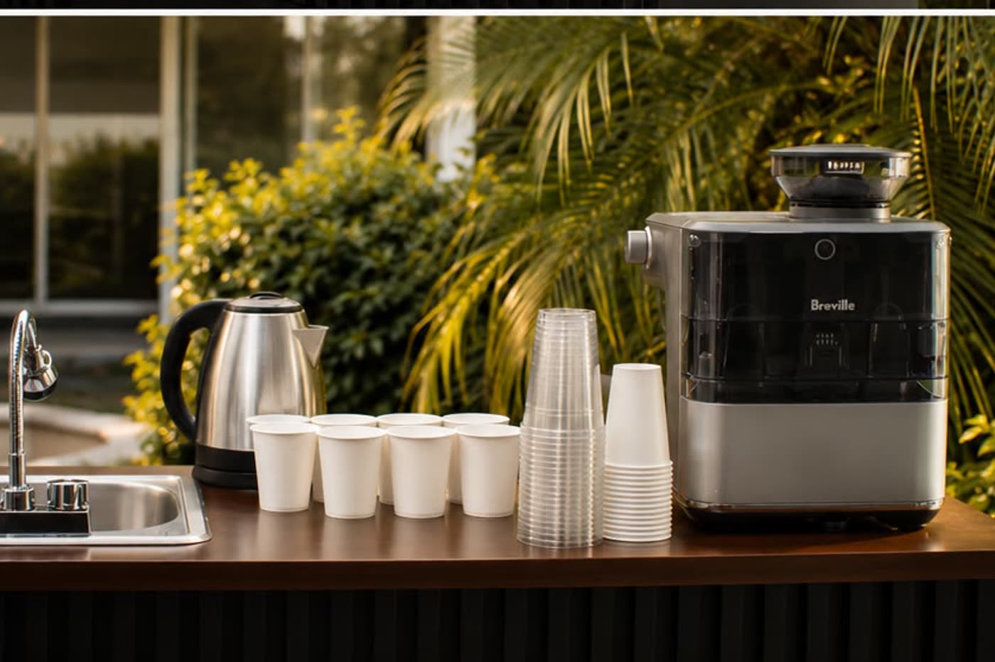 Barra del carrito con vasos, jarra y máquina de espresso lista para servir