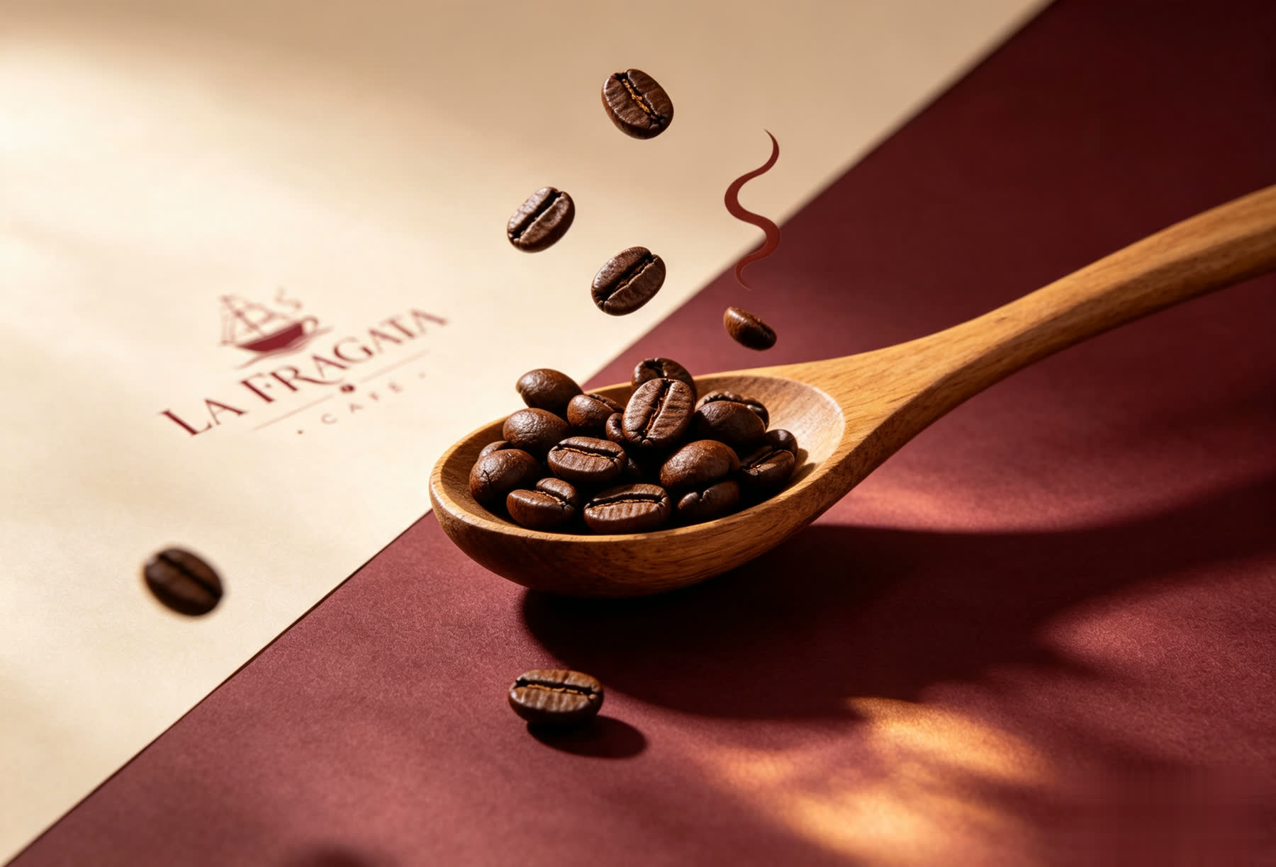 Cuchara de madera con granos de café tostado y el logo de La Fragata Café