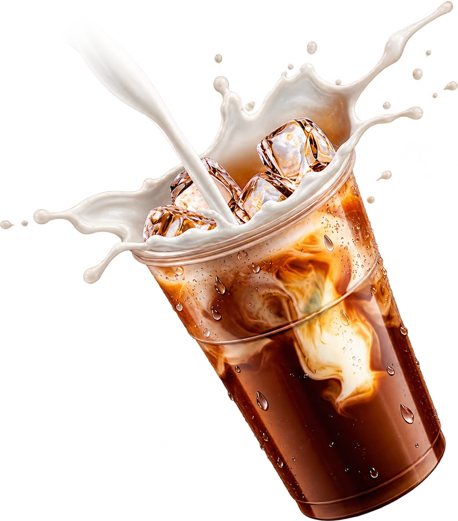 Iced latte de La Fragata Café con leche cayendo sobre el hielo